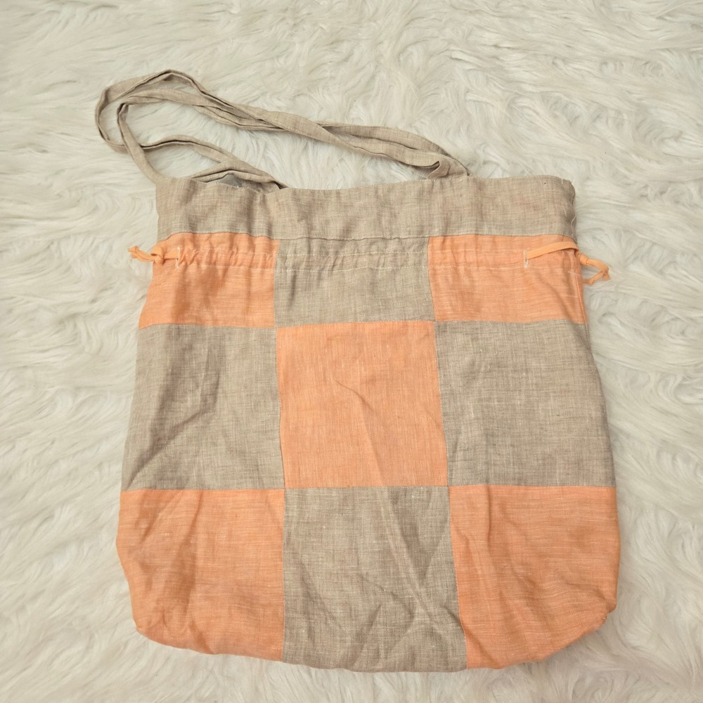 Vanity Made In Italy Pure Linen Checkered Patchwork Drawstring Tote Bag Peach